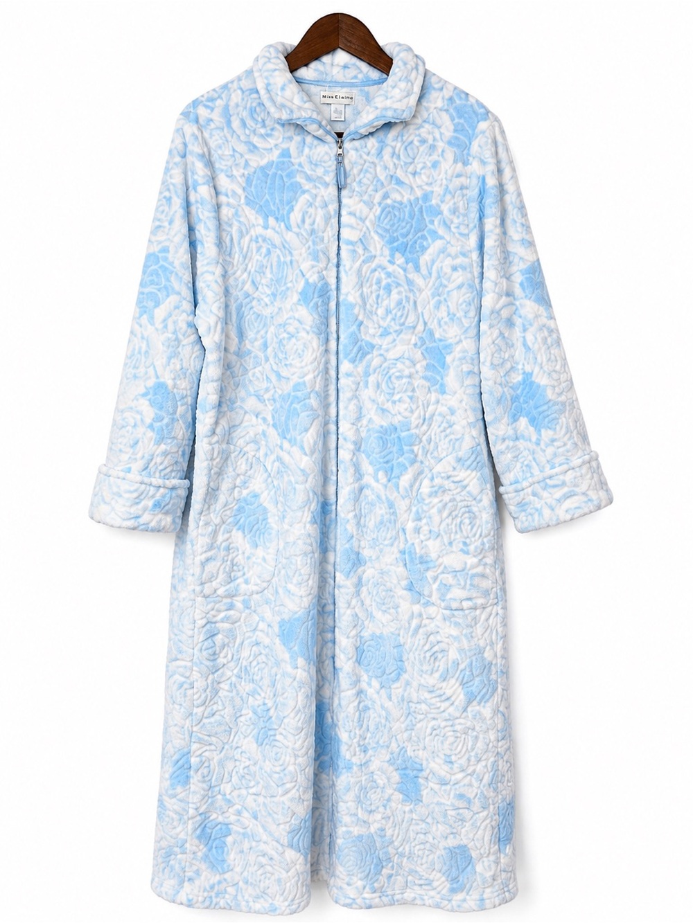 Miss Elaine Women’s L Blue White Floral Plush Zip Front Long Robe Housecoat